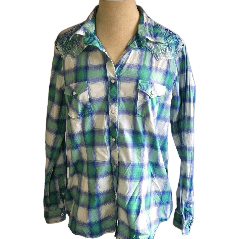 Panhandle Western Plaid Snap‎ Front Shirt Women's Size L Slim Fit Cotton Blue